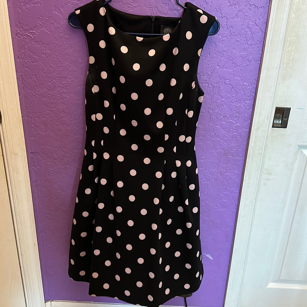 Little black dress with pink polka dots